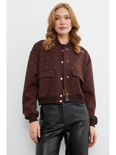 Fullamoda Taş Detaylı Çıtçıtlı Çift Cepli Crop Ceket - S000480998-19413