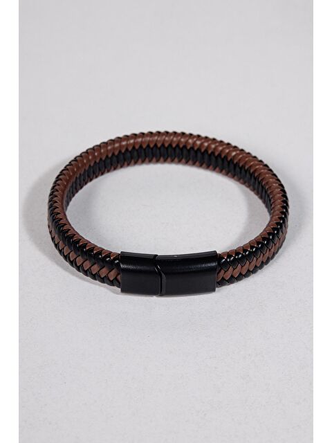 TUDORS Hasır Desenli Deri Kahverengi-Siyah Erkek Bileklik