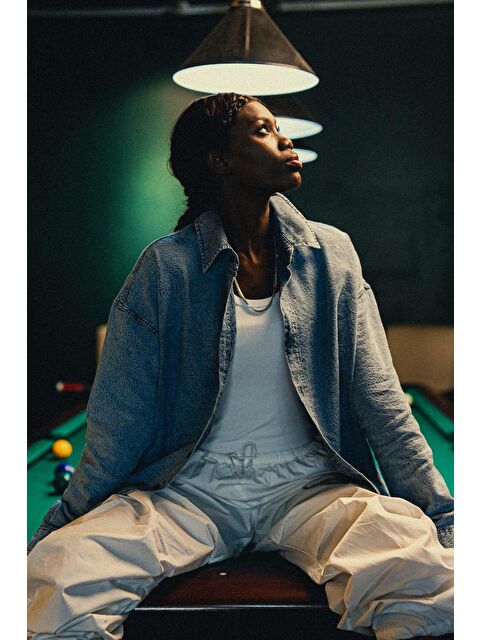 Abluka Online Kadın Denim Görünümlü Desenli Regular Fit Gömlek Mavi - S000491863-17234