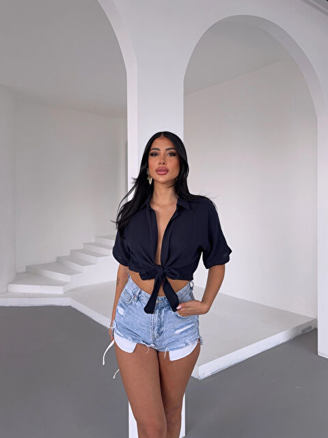 Hazelin Kadın Lacivert Bağlama Detaylı Müslin Keten Bluz HZL25S-DSB1212 - S000361475-21164