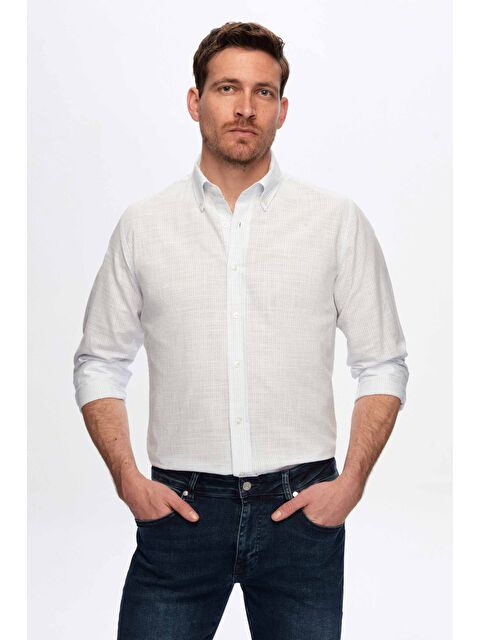 D'S damat Slim Fit Açık Mavi İnce Çizgili %100 Pamuk Yazlık Keten Gömlek - S000413243-17437