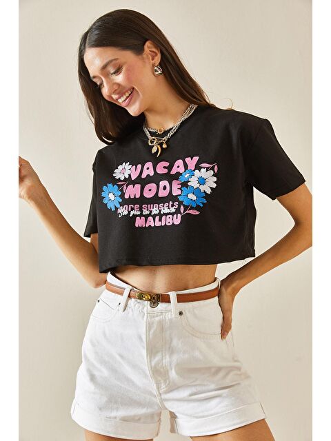 Xhan Siyah Baskılı Bisiklet Yaka Crop Tişört 5YXK1-48564-02 - S000207168-19351