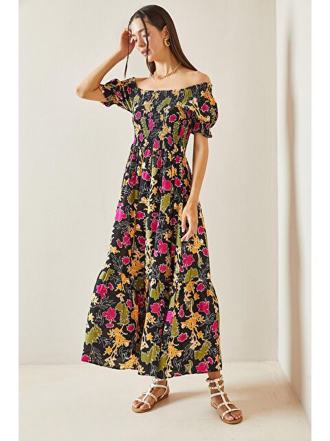 Xhan Siyah Gipe & Desenli Kayık Yaka Elbise 5YXK6-48858-02 - S000236653-19351