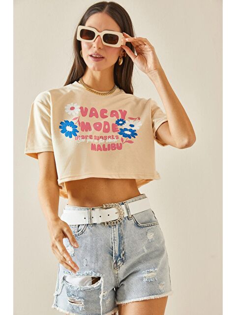 Xhan Bej Baskılı Bisiklet Yaka Crop Tişört 5YXK1-48564-25 - S000207168-19928