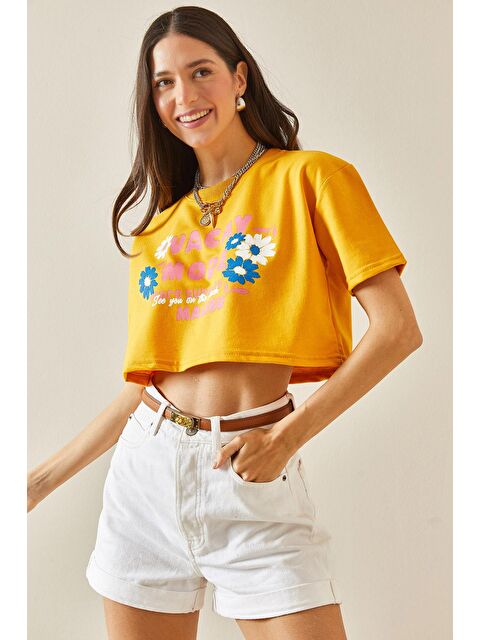 Xhan Hardal Baskılı Bisiklet Yaka Crop Tişört 5YXK1-48564-37 - S000207168-7379