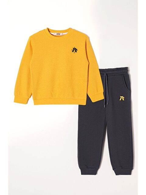 Zepkids Nakışlı Beli Bağcıklı Sarı-Füme Renk Erkek Çocuk Eşofman Takımı - S000356914-37487