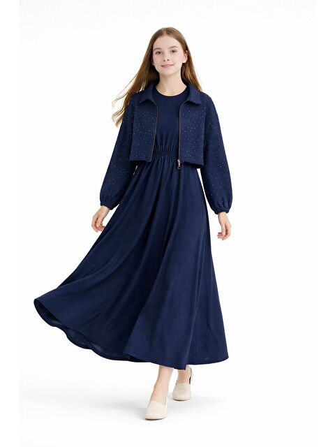 Cansın Mini Lacivert Fermuarlı Taşlı Crop Ceketli Sıfır Kol Kız Çocuk Elbise 23751 - S000527370-21164