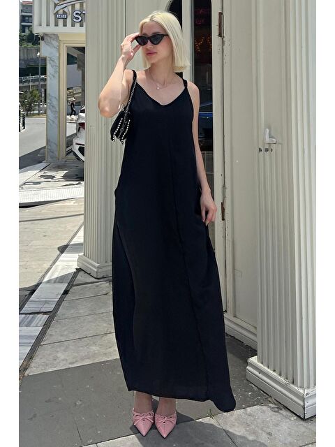 Madmext Siyah Askılı Oversize Uzun Elbise Mg2038