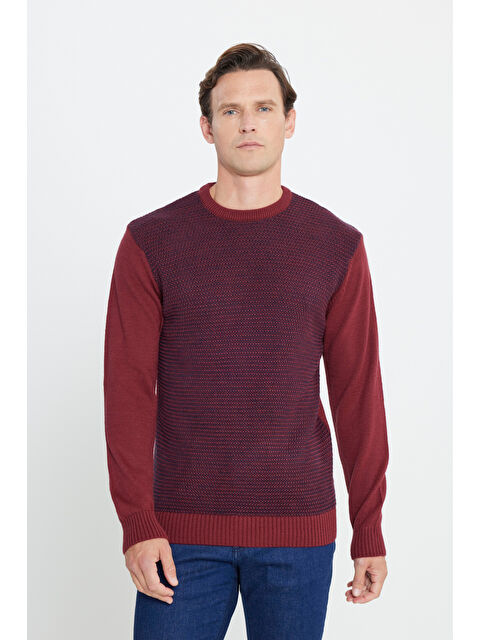 AC&Co / Altınyıldız Classics Erkek Bordo-Lacivert Standart Fit Normal Kesim Bisiklet Yaka Petek Desenli Triko - S000394642-37253