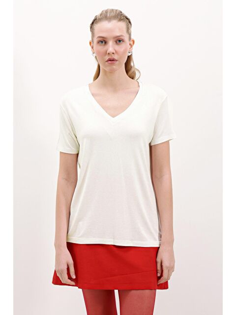 Bigdart 4315 V Yaka Oversize Tişört - Beyaz - S000195073-20063