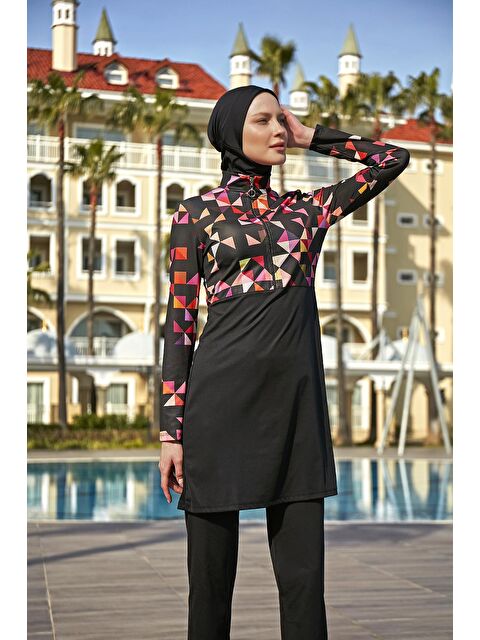 Remsa Mayo Yarım Fermuarlı Likralı Tam Kapalı Mayo R4501 Pembe Geometri - S000107051-19351