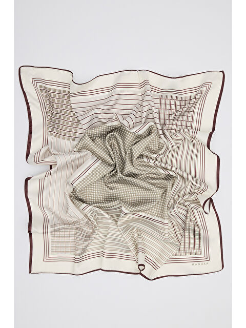 Manuka Desenli Orta Boy Saten Fular Classıc Beıge - S000471217-17