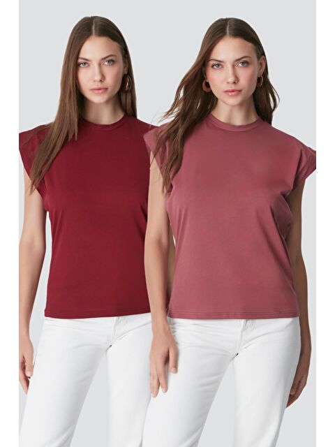 C&City Bisiklet Yaka Kısa Kol 2'li Basic T-Shirt 958 Gül Kurusu/Bordo - S000216750-20028