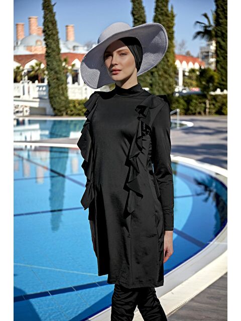 Remsa Mayo Likralı Tam Kapalı Tesettür Mayo Yanı Fırfırlı R033 Seda Siyah - S000107841-19351