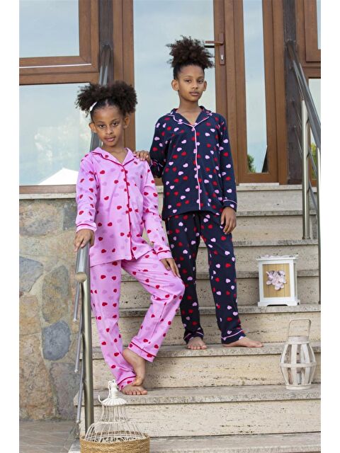 Vitmo Kız Çocuk Uzun Kollu Düğmeli Pijama Takımı Kırmızı Kalpli Pembe - S000379866-20024