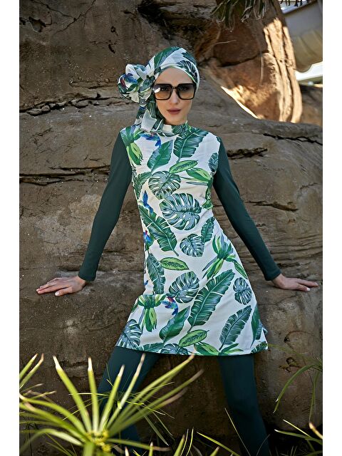 Remsa Mayo Tasarım Tam Kapalı Tesettür Mayo Yeşil Yapraklar 900-106 - S000107834-18194