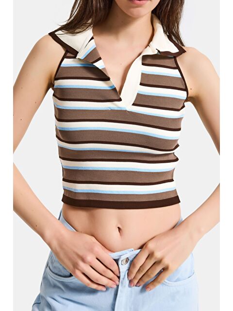 It's Basic Kadın Mavi Kahve s6-103 Crop Fit Polo Yaka İnce Yazlık Triko Body