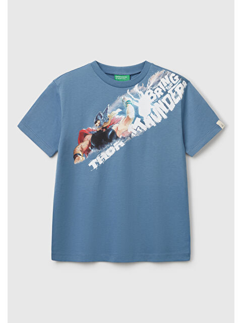 United Colors Of Benetton Erkek Çocuk Havacı Mavi Marvel Kahraman Baskılı Logo Etiketli Tişört - S000356886-17234