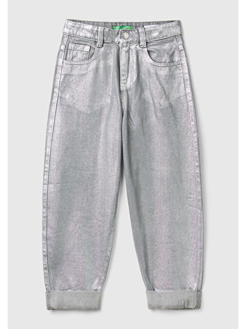United Colors Of Benetton Kız Çocuk Gümüş Arkası Logo Detaylı Kullanılmış Efektli Kıvrık Paça Pantolon - S000317068-18105