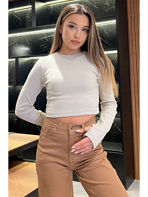 Gülseli Kadın Bisiklet Yaka Kolu Pencereli Kaşkorse Crop Top Bluz - S000299204-19928