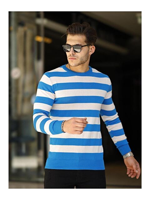 Tarz Cool Erkek Slim Fit Bisiklet Yaka Çizgili Triko Kazak - S000223199-37234