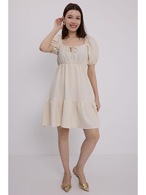 Bigdart Kadın Bej Kloş Keten Elbise 2351 - S000089476-19927