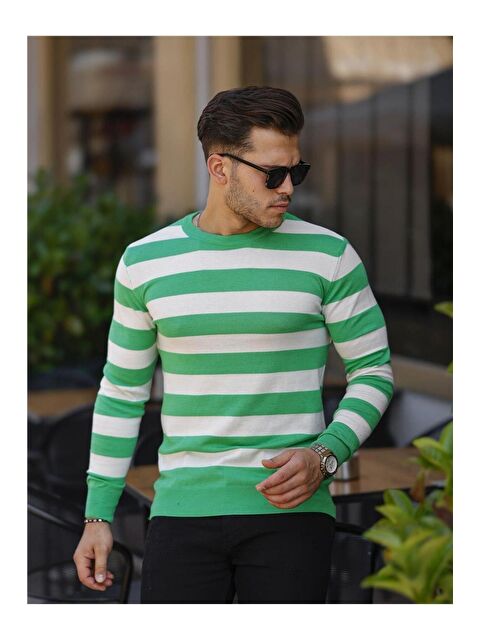 Tarz Cool Erkek Slim Fit Bisiklet Yaka Çizgili Triko Kazak - S000223199-37251