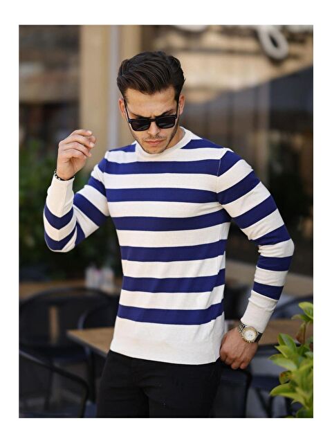 Tarz Cool Erkek Slim Fit Bisiklet Yaka Çizgili Triko Kazak - S000223199-5372