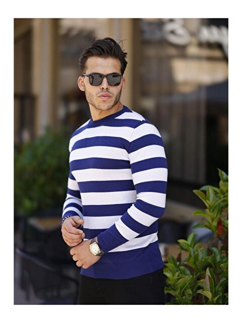 Tarz Cool Erkek Slim Fit Bisiklet Yaka Çizgili Triko Kazak - S000223199-37244