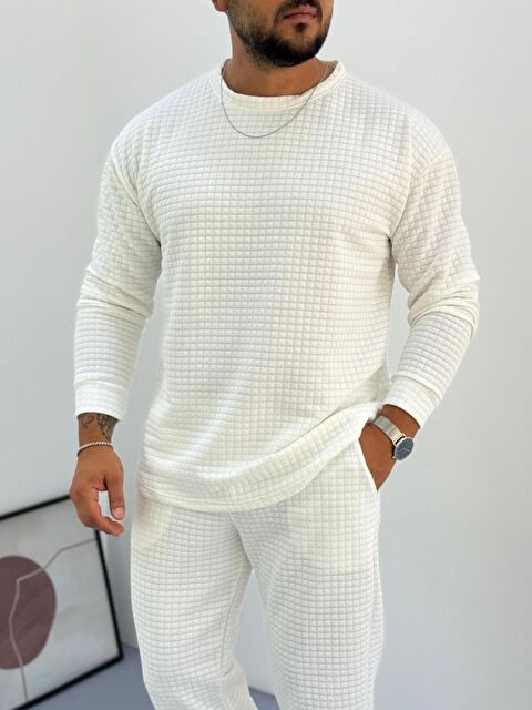 Trendseninle Erkek Beyaz Bisiklet Yaka Kapitone Desenli Waffle Kumaş Alt-Üst Takım - S000490519-20063