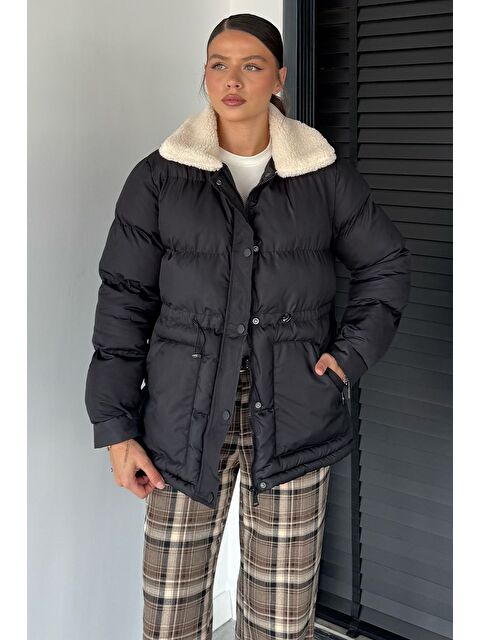 Gülseli Pelüş Yaka Detaylı Astarlı Kadın Şişme Mont - S000469823-19351