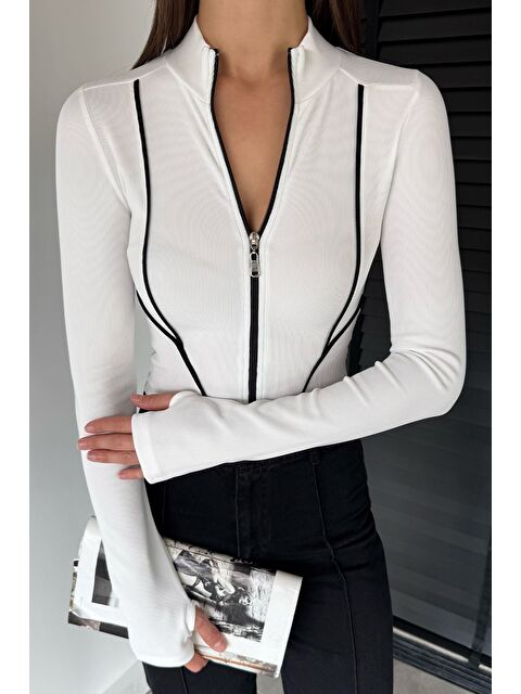 Gülseli Kadın Şerit Detaylı Ön Fermuarlı Elastanlı Crop Top Bluz - S000469824-19966