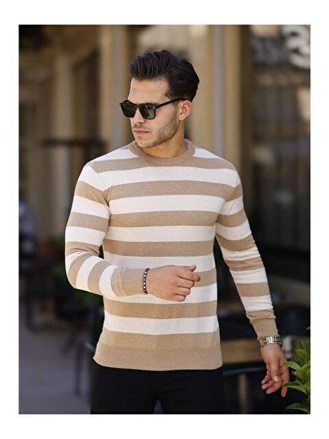 Tarz Cool Erkek Slim Fit Bisiklet Yaka Çizgili Triko Kazak - S000223199-29737