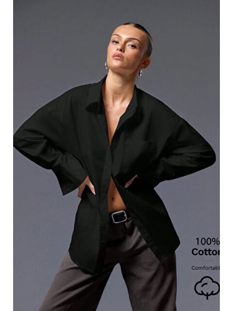 Tarz Cool Kadın Oversize Gömlek Uzun Kollu Basic Salaş Kesim Poplin Trend Günlük Gömlek