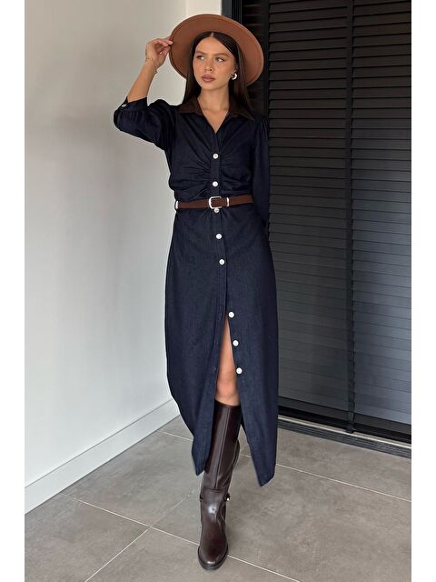 Gülseli Kadın Boydan Düğmeli Bel Kemer Aksesuarlı Jean Jean Elbise - S000469828-21164
