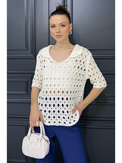 Gülseli Kadın Polo Yaka Ajurlu Mevsimlik Triko Bluz - S000368422-19966