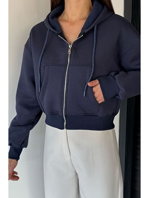 Gülseli Kadın Kapüşonlu Şardonlu Ön Fermuarlı Crop Top Sweatshirt - S000469770-21164