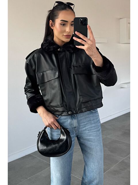 Gülseli Kadın Bel Lastikli Kürklü Suni Deri Mont - S000469829-19351