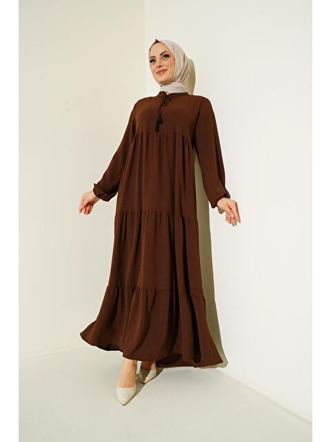 Bigdart 1627 Yaka Bağcıklı Tesettür Elbise - E. Kahve - S000089374-18645