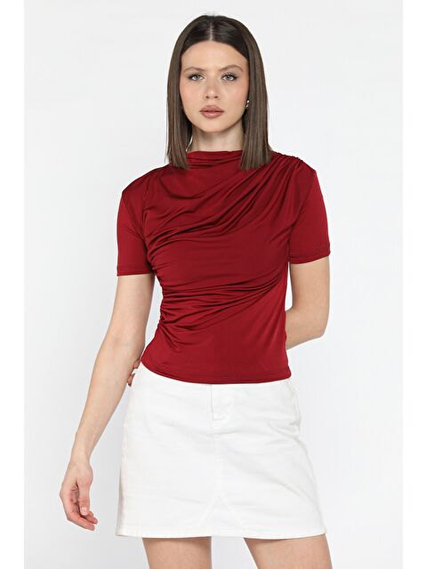 Gülseli Kadın Omuz Ve Bel Drapeli Kısa Kol Bluz - S000379816-19951