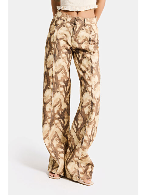 It's Basic Kadın Kahve 7s6 Desen-10 Boyfriend Bol Kesim Özel Baskılı Kumaş Tasarım Denim Jean