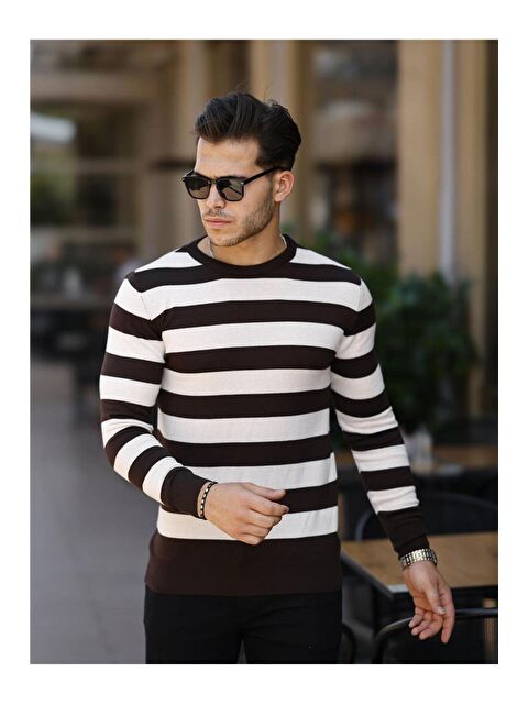 Tarz Cool Erkek Slim Fit Bisiklet Yaka Çizgili Triko Kazak - S000223199-37319