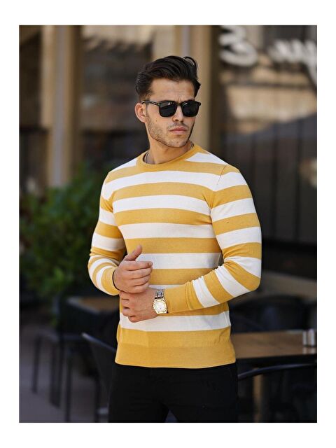 Tarz Cool Erkek Slim Fit Bisiklet Yaka Çizgili Triko Kazak - S000223199-37415