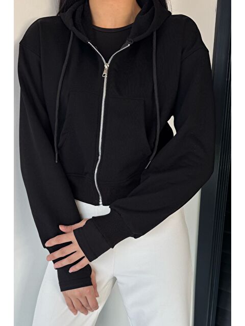 Gülseli Kadın Kapüşonlu Şardonlu Ön Fermuarlı Crop Top Sweatshirt - S000469770-19351