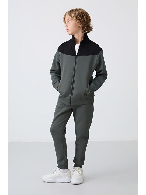 Tommylife Haki Pamuklu Kalın İçi Tüylü Yumuşak Dokulu Standart Fit Nakışlı Erkek Çocuk Eşofman Takım - 11240