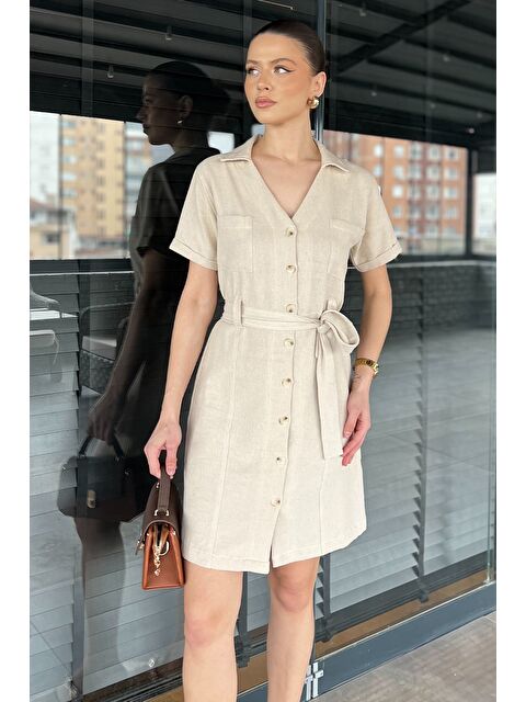 Gülseli Bel Kuşaklı Düğmeli Kısa Kol Keten Elbise - S000379893-25636