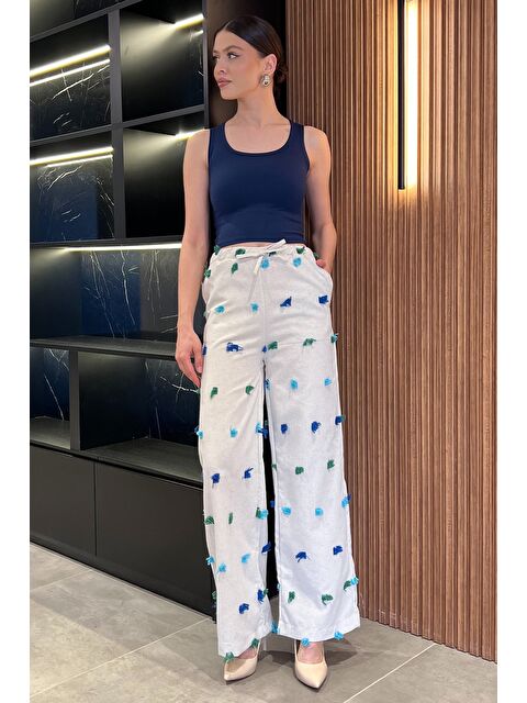 Gülseli Kadın Yüksek Bel Püskül Detaylı Palazzo Keten Pantolon - S000379896-25636