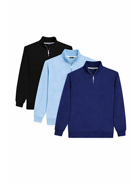 TUDORS Unisex 3'Lü Paket Siyah-Mavi-Lacivert Relax Fit Pamuklu Yarım Fermuarlı Dik Yaka Sweatshirt - S000519506-23173