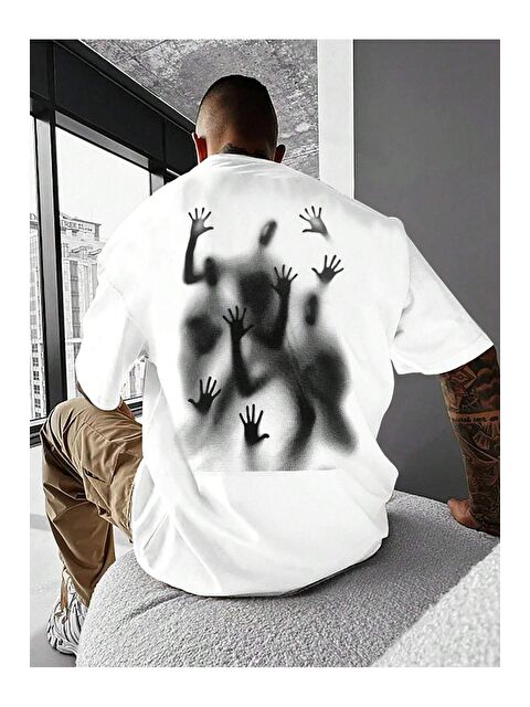 Trendseninle Beyaz Horror Ghost Baskılı Oversize Erkek Kısa Kollu Tişört - S000176090-20063