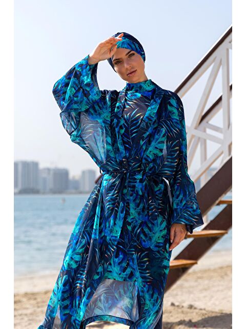 Remsa Mayo Tesettür Mayo Üzerine Tek Kaftan Kimono Pareo RP009 Tropikal - S000219285-1342